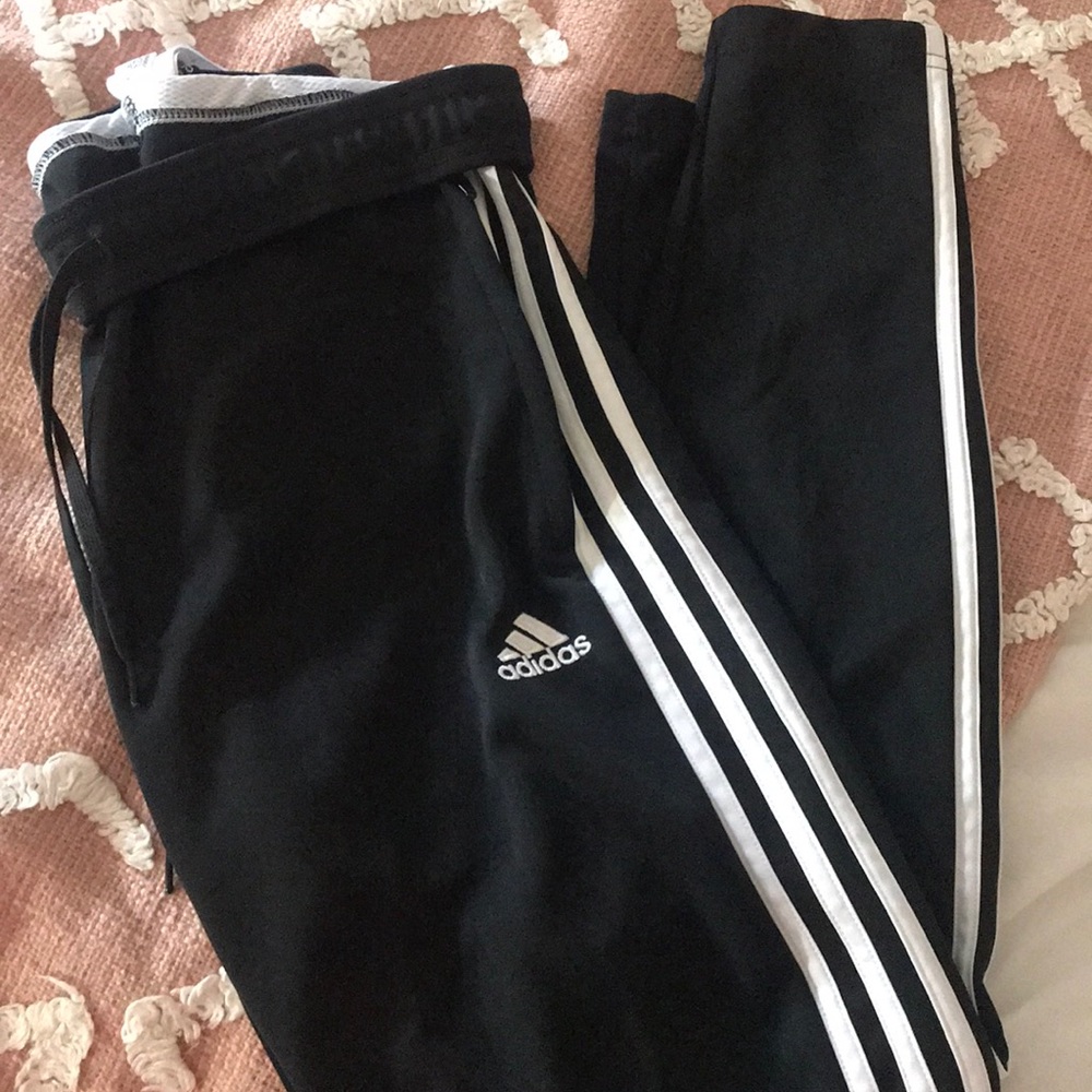 Adidas black three stripe track pants